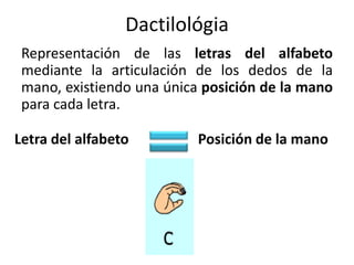 Dactilológia
 Representación de las letras del alfabeto
 mediante la articulación de los dedos de la
 mano, existiendo una única posición de la mano
 para cada letra.

Letra del alfabeto         Posición de la mano
 