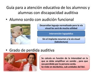 Guía para a atención educativa de los alumnos y
      alumnas con discapacidad auditiva
• Alumno sordo con audición funcional
                  Desarrollan leguaje normalizado pero la vía
                       visual les será de mucha utilidad

                           Intervención logopédica

                    Sin el implante recurren a la vía visual
                                (labiolectura)


• Grado de perdida auditiva
                   Se calcula en función de la intensidad en la
                   que se debe amplificar un sonido , para que
                   sea percibido por la persona sorda.
                   Se mide en decibelios, sub unidades del Bel.
 