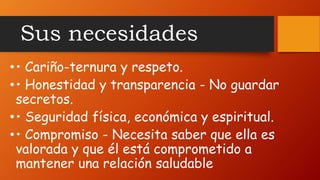 Sus necesidades
•• Cariño-ternura y respeto.
•• Honestidad y transparencia - No guardar
secretos.
•• Seguridad física, económica y espiritual.
•• Compromiso - Necesita saber que ella es
valorada y que él está comprometido a
mantener una relación saludable
 