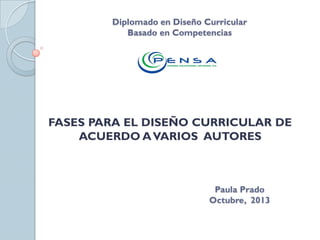 Diplomado en Diseño Curricular
Basado en Competencias

FASES PARA EL DISEÑO CURRICULAR DE
ACUERDO A VARIOS AUTORES

Paula Prado
Octubre, 2013

 