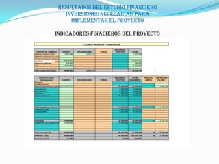 RESULTADOS DEL ESTUDIO FINANCIERO
  INVERSIONES NECESARIAS PARA
    IMPLEMENTAR EL PROYECTO

INDICADORES FINACIEROS DEL PR...