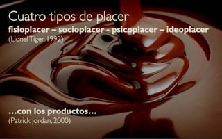 Cuatro tipos de placer
fisioplacer – socioplacer - psicoplacer – ideoplacer
(Lionel Tiger, 1992)




…con los productos…
(Patrick Jordan, 2000)
 