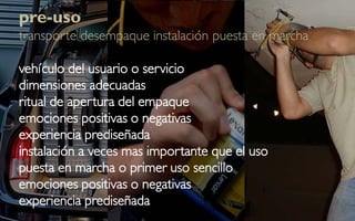 pre-uso
transporte desempaque instalación puesta en marcha

vehículo del usuario o servicio
dimensiones adecuadas
ritual de apertura del empaque
emociones positivas o negativas
experiencia prediseñada
instalación a veces mas importante que el uso
puesta en marcha o primer uso sencillo
emociones positivas o negativas
experiencia prediseñada
 