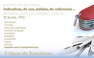 prácticas, directas, básicas, …
indicativas, de uso, señales, de referencia…
simbólicas, significado, intangibles, estéticas…
(B. Burdek, 1994)
delimitación
contraste
estructuras superficiales
formación de grupos
orientación
estabilidad
ajustabilidad
manejo
precisión
relación con el cuerpo humano

3 tipos de funciones
 
