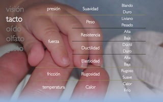 Blando
visión     presión      Suavidad
                                     Duro

tacto                     Peso
                                     Liviano
                                     Pesado
oído                                  Alta
                       Resistencia
olfato     fuerza
                                      Baja
                                     Dúctil
gusto                  Ductilidad
                                     Duro
                                      Alta
                       Elasticidad
                                      Baja
                                     Rugoso
           fricción    Rugosidad
                                     Suave
                                     Calor
         temperatura     Calor
                                      Frío
 