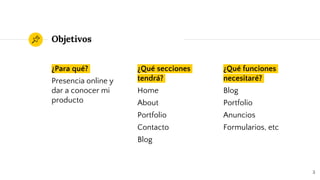 Objetivos
¿Para qué?
Presencia online y
dar a conocer mi
producto
¿Qué secciones
tendrá?
Home
About
Portfolio
Contacto
Blog
¿Qué funciones
necesitaré?
Blog
Portfolio
Anuncios
Formularios, etc
3
 