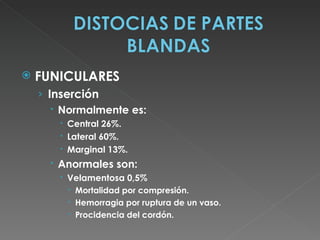    FUNICULARES
    › Inserción
        Normalmente es:
         Central 26%.
         Lateral 60%.
         Marginal 13%.
       Anormales son:
         Velamentosa 0,5%
           Mortalidad por compresión.
           Hemorragia por ruptura de un vaso.
           Procidencia del cordón.
 