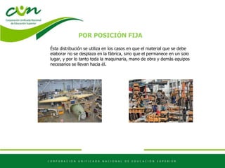 POR POSICIÓN FIJA
Ésta distribución se utiliza en los casos en que el material que se debe
elaborar no se desplaza en la fábrica, sino que el permanece en un solo
lugar, y por lo tanto toda la maquinaria, mano de obra y demás equipos
necesarios se llevan hacia él.
 