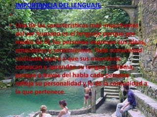 IMPORTANCIA DEL LENGUAJE Una de las características más importantes del ser humano es el lenguaje porque por medio de él, las personas expresan sus ideas, emociones y sentimientos. Toda comunidad civilizada aspira a que sus miembros conozcan y aprendan su lengua o idioma, porque a través del habla cada persona refleja su personalidad y la de la comunidad a la que pertenece. 