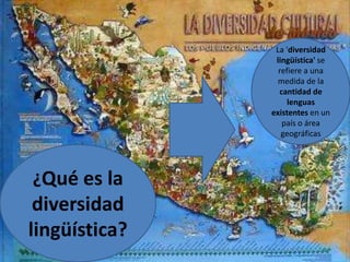 La 'diversidad lingüística' se refiere a una medida de la cantidad de lenguas existentes en un país o área geográficas¿Qué es la diversidad lingüística?