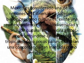 México es considerado una de las regiones más diversas en términos biológicos como culturales, existe una correspondencia entre biodiversidad y variación cultural en la escala global concentrándose en latitudes tropicales, pero pocos países muestran una concordancia tan marcada como en el nuestro.