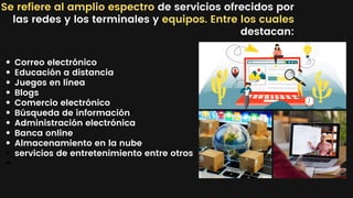 Se refiere al amplio espectro de servicios ofrecidos por
las redes y los terminales y equipos. Entre los cuales
destacan:
PROGRAMMING MISTAKES
Correo electrónico
Educación a distancia
Juegos en línea
Blogs
Comercio electrónico
Búsqueda de información
Administración electrónica
Banca online
Almacenamiento en la nube
servicios de entretenimiento entre otros
 