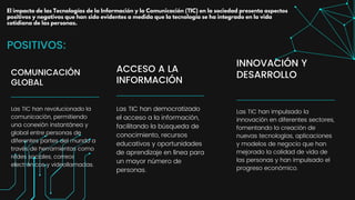 COMUNICACIÓN
GLOBAL
Las TIC han revolucionado la
comunicación, permitiendo
una conexión instantánea y
global entre personas de
diferentes partes del mundo a
través de herramientas como
redes sociales, correos
electrónicos y videollamadas.
ACCESO A LA
INFORMACIÓN
Las TIC han democratizado
el acceso a la información,
facilitando la búsqueda de
conocimiento, recursos
educativos y oportunidades
de aprendizaje en línea para
un mayor número de
personas.
INNOVACIÓN Y
DESARROLLO
Las TIC han impulsado la
innovación en diferentes sectores,
fomentando la creación de
nuevas tecnologías, aplicaciones
y modelos de negocio que han
mejorado la calidad de vida de
las personas y han impulsado el
progreso económico.
POSITIVOS:
El impacto de las Tecnologías de la Información y la Comunicación (TIC) en la sociedad presenta aspectos
positivos y negativos que han sido evidentes a medida que la tecnología se ha integrado en la vida
cotidiana de las personas.
 
