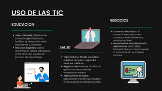 EDUCACION
Aulas Virtuales: Plataformas
como Google Classroom,
facilitan la interacción entre
estudiantes y docentes.
Recursos Digitales: Libros
electrónicos, videos educativos,
entre otros que ayudan al
proceso de aprendizaje.
SALUD
Telemedicina: Brinda consultas
médicas remotas, mejora los
servicios médicos
Registros electrónicos: Facilitan la
gestión e intercambio de
información médica
Aplicaciones de salud:
aplicaciones móviles que ayudan
a los usuarios a controlar su salud
USO DE LAS TIC
NEGOCIOS
Comercio electrónico: El
comercio electrónico es la
compra y venta de bienes y
servicios en línea.
Herramientas de colaboración:
aplicaciones como Slack,
Microsoft Teams y Zoom mejoran
la comunicación en trabajos
remotos.
 