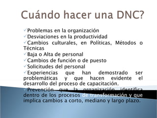 Problemas en la organización
Desviaciones en la productividad
Cambios culturales, en Políticas, Métodos o
Técnicas
Baja o Alta de personal
Cambios de función o de puesto
Solicitudes del personal
Experiencias que han         demostrado ser
problemáticas y que hacen evidente el
desarrollo del proceso de capacitación.
Prevención que la organización identifica
dentro de los procesos de transformación y que
implica cambios a corto, mediano y largo plazo.
 