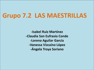 Grupo 7.2 LAS MAESTRILLAS
-Isabel Ruiz Martínez
-Claudia San Eufrasio Conde
-Lorena Aguilar García
-Vanessa Vizcaíno López
-Ángela Troya Soriano
 