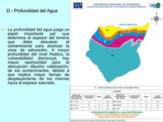 D - Profundidad del Agua   La profundidad del agua juega un papel importante por que determina el espesor del terreno que debe atravesar el contaminante para alcanzar la zona de saturación. A mayor profundidad del nivel freático, la vulnerabilidad disminuye, hay mayor oportunidad para la atenuación, dilución, volatización, de los contaminantes, debido a que implica mayor tiempo de desplazamiento de los mismos hacia el espesor saturado. 