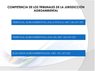 COMPETENCIA DE LOS TRIBUNALES DE LA JURISDICCIÓN
AGROAMBIENTAL
TRIBUNAL AGROAMBIENTAL (SALA PLENA) ART. 140 LEY 025
TRIBUNAL AGROAMBIENTAL (SALAS) ART. 144 LEY 025
JUZGADOS AGROAMBIENTALES ART. 152 LEY 025
 