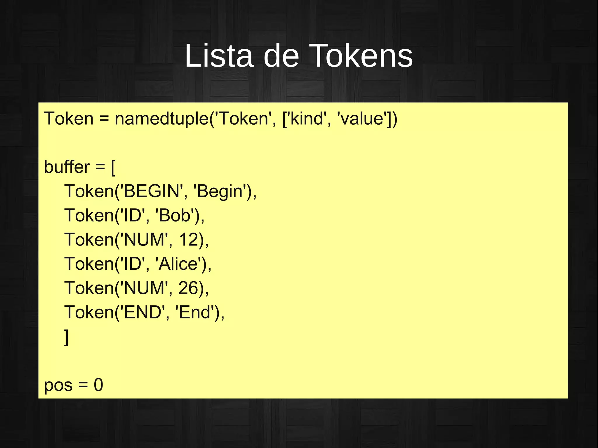 Lista de Tokens
Token = namedtuple('Token', ['kind', 'value'])
buffer = [
Token('BEGIN', 'Begin'),
Token('ID', 'Bob'),
Token('NUM', 12),
Token('ID', 'Alice'),
Token('NUM', 26),
Token('END', 'End'),
]
pos = 0
 