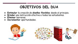 OBJETIVOS DEL DUA
● Estimular la creación de diseños flexibles desde el principio.
● Brindar una instrucción efectiva a todos los estudiantes.
● Eliminar barreras.
● Incrementar oportunidades.
 
