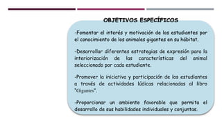 OBJETIVOS ESPECÍFICOS
-Fomentar el interés y motivación de los estudiantes por
el conocimiento de los animales gigantes en su hábitat.
-Desarrollar diferentes estrategias de expresión para la
interiorización de las características del animal
seleccionado por cada estudiante.
-Promover la iniciativa y participación de los estudiantes
a través de actividades lúdicas relacionadas al libro
“Gigantes”.
-Proporcionar un ambiente favorable que permita el
desarrollo de sus habilidades individuales y conjuntas.
 