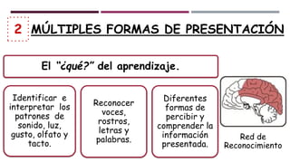 Red de
Reconocimiento
El “¿qué?” del aprendizaje.
Identificar e
interpretar los
patrones de
sonido, luz,
gusto, olfato y
tacto.
Reconocer
voces,
rostros,
letras y
palabras.
Diferentes
formas de
percibir y
comprender la
información
presentada.
MÚLTIPLES FORMAS DE PRESENTACIÓN
2
 