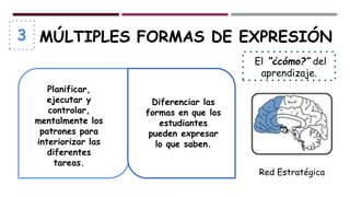 MÚLTIPLES FORMAS DE EXPRESIÓN
El “¿cómo?” del
aprendizaje.
Red Estratégica
Planificar,
ejecutar y
controlar,
mentalmente los
patrones para
interiorizar las
diferentes
tareas.
Diferenciar las
formas en que los
estudiantes
pueden expresar
lo que saben.
3
 
