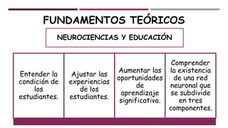 FUNDAMENTOS TEÓRICOS
NEUROCIENCIAS Y EDUCACIÓN
Entender la
condición de
los
estudiantes.
Ajustar las
experiencias
de los
estudiantes.
Aumentar las
oportunidades
de
aprendizaje
significativo.
Comprender
la existencia
de una red
neuronal que
se subdivide
en tres
componentes.
 