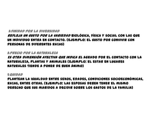 Afinidad por la diversidad
Refleja un gusto por la variedad biológica, física y social con las que
un individuo entra en contacto. (ejemplo: el gusto por convivir con
personas de diferentes razas)

Aprecio por la naturaleza
Es otra dimensión afectiva que indica el agrado por el contacto con la
naturaleza, plantas y animales (ejemplo: el estar en lugares
naturales tiende a poner de buen ánimo)

Equidad
Plantean la igualdad entre sexos, edades, condiciones socioeconómicas,
razas, entre otras. (ejemplo: Las esposas deben tener el mismo
derecho que sus maridos a decidir sobre los gastos de la familia)
 