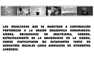 Los resultados que se muestran a continuación
pertenecen a la región geográfica denominada:
Sierra,   recaudados   en   Moctezuma,   Sonora,
específicamente en la Universidad de la Sierra,
donde participaron 80 estudiantes tanto de
semestres iniciales como avanzados de diferentes
carreras.
 