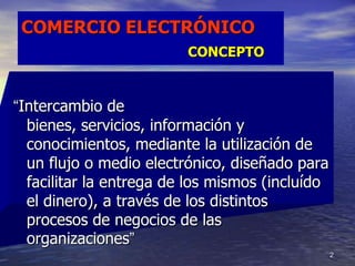 2
COMERCIO ELECTRÓNICO
CONCEPTO
“Intercambio de
bienes, servicios, información y
conocimientos, mediante la utilización de...