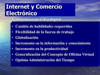 5
Internet y Comercio
Electrónico
Trabajadores en la Era Digital
• Cambio de habilidades requeridas
• Flexibilidad de la f...