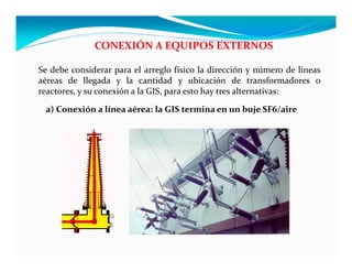 CONEXIÓN A EQUIPOS EXTERNOS
a) Conexión a línea aérea: la GIS termina en un buje SF6/aire
Se debe considerar para el arreglo físico la dirección y número de líneas
aéreas de llegada y la cantidad y ubicación de transformadores o
reactores, y su conexión a la GIS, para esto hay tres alternativas:
 