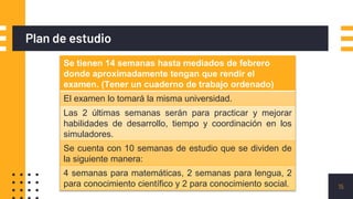 Plan de estudio
15
Se tienen 14 semanas hasta mediados de febrero
donde aproximadamente tengan que rendir el
examen. (Tener un cuaderno de trabajo ordenado)
El examen lo tomará la misma universidad.
Las 2 últimas semanas serán para practicar y mejorar
habilidades de desarrollo, tiempo y coordinación en los
simuladores.
Se cuenta con 10 semanas de estudio que se dividen de
la siguiente manera:
4 semanas para matemáticas, 2 semanas para lengua, 2
para conocimiento científico y 2 para conocimiento social.
 