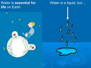 Water is essential for
life on Earth
Water is a liquid, but…
 