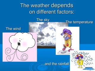 The weatherThe weather dependsdepends
on different factors:on different factors:
The windThe wind
The skyThe sky
The temperatureThe temperature
……and the rainfalland the rainfall
 