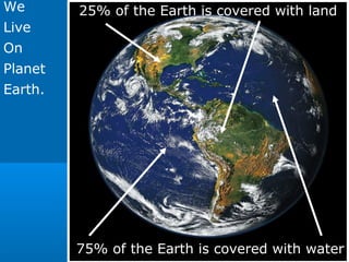 We
Live
On
Planet
Earth.
75% of the Earth is covered with water
25% of the Earth is covered with land
 