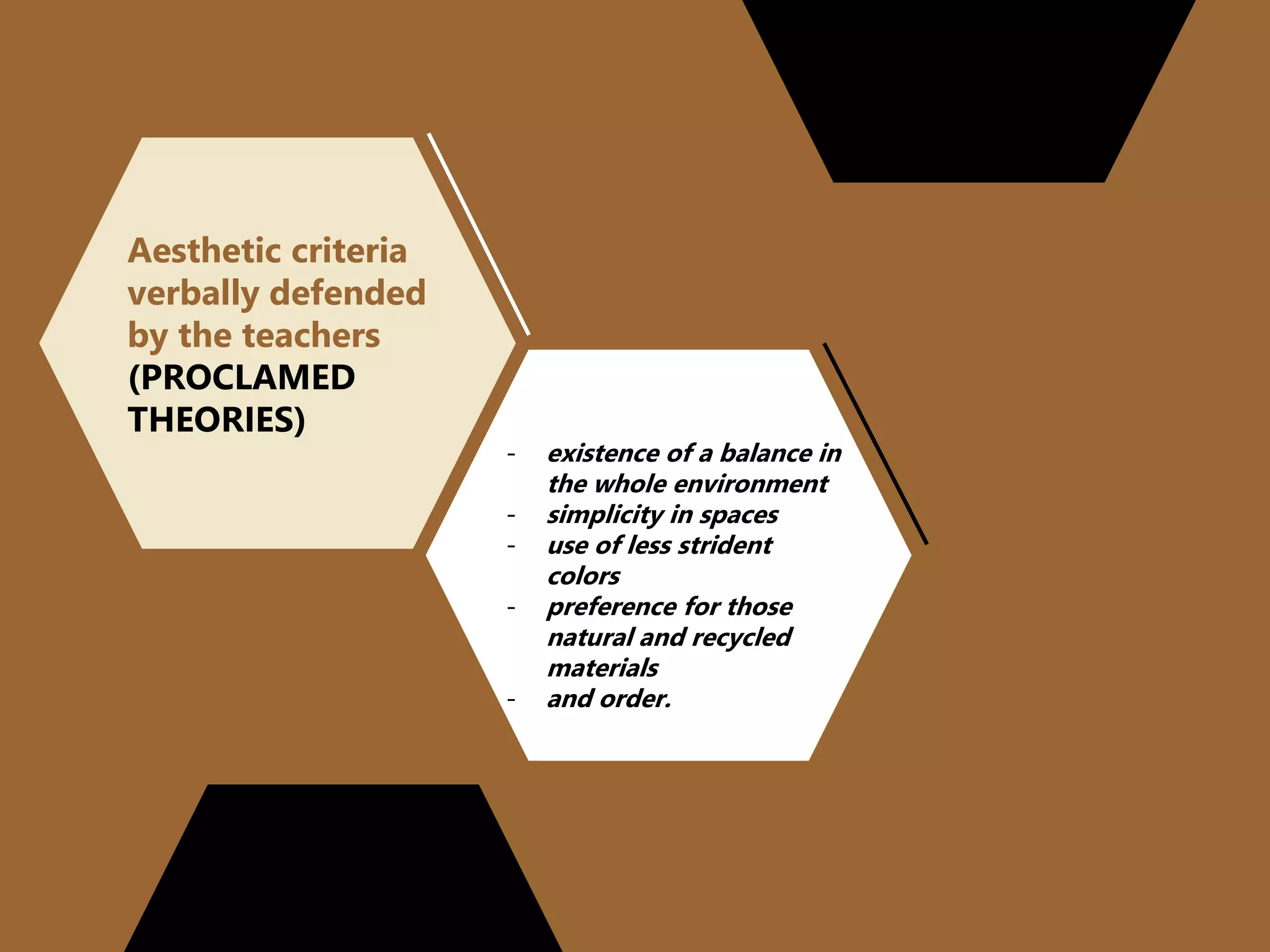 - existence of a balance in
the whole environment
- simplicity in spaces
- use of less strident
colors
- preference for those
natural and recycled
materials
- and order.
Aesthetic criteria
verbally defended
by the teachers
(PROCLAMED
THEORIES)
 