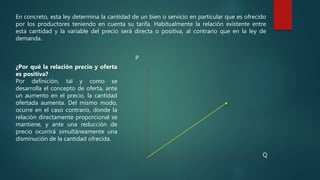 En concreto, esta ley determina la cantidad de un bien o servicio en particular que es ofrecido
por los productores teniendo en cuenta su tarifa. Habitualmente la relación existente entre
esta cantidad y la variable del precio será directa o positiva, al contrario que en la ley de
demanda.
¿Por qué la relación precio y oferta
es positiva?
Por definición, tal y como se
desarrolla el concepto de oferta, ante
un aumento en el precio, la cantidad
ofertada aumenta. Del mismo modo,
ocurre en el caso contrario, donde la
relación directamente proporcional se
mantiene, y ante una reducción de
precio ocurrirá simultáneamente una
disminución de la cantidad ofrecida.
P
Q
 