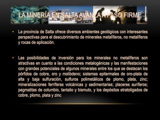 LA MINERÍA EN SALTA AVANZA A PASO FIRME

• La provincia de Salta ofrece diversos ambientes geológicos con interesantes
  perspectivas para el descubrimiento de minerales metalíferos, no metalíferos
  y rocas de aplicación.


• Las posibilidades de inversión para los minerales no metalíferos son
  atractivas en cuanto a las condiciones metalogénicas y las manifestaciones
  con grandes potenciales de algunos minerales entre los que se destacan los
  pórfidos de cobre, oro y molibdeno; sistemas epitermales de oro-plata de
  alta y baja sulfuración, sulfuros polimetálicos de plomo, plata, zinc;
  mineralizaciones ferríferas volcánicas y sedimentarias; placeres auríferos;
  pegmatitas de columbio, tantalio y bismuto, y los depósitos etratoligados de
  cobre, plomo, plata y zinc
 