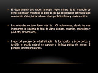 • El departamento Los Andes (principal región minera de la provincia) de
  donde se extraen minerales de boro de los que se producen derivados tales
  como ácido bórico, bórax anhidro, bórax pentahidratado, y ulexita anhidra.


• Los minerales de boro tienen más de 1000 aplicaciones, siendo los más
  importantes la industria de fibra de vidrio, esmalte, cerámica, cosméticos y
  productos farmacéuticos.


• Luego del proceso de industrialización de los boratos y ácido bórico, y
  también en estado natural, se exportan a distintos países del mundo. El
  principal comprador es Brasil.
 