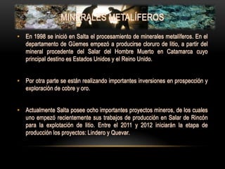 MINERALES METALÍFEROS
• En 1998 se inició en Salta el procesamiento de minerales metalíferos. En el
  departamento de Güemes empezó a producirse cloruro de litio, a partir del
  mineral procedente del Salar del Hombre Muerto en Catamarca cuyo
  principal destino es Estados Unidos y el Reino Unido.


• Por otra parte se están realizando importantes inversiones en prospección y
  exploración de cobre y oro.


• Actualmente Salta posee ocho importantes proyectos mineros, de los cuales
  uno empezó recientemente sus trabajos de producción en Salar de Rincón
  para la explotación de litio. Entre el 2011 y 2012 iniciarán la etapa de
  producción los proyectos: Lindero y Quevar.
 