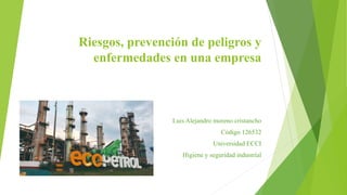 Riesgos, prevención de peligros y
enfermedades en una empresa
Luis Alejandro moreno cristancho
Código 126532
Universidad ECCI
Higiene y seguridad industrial
 