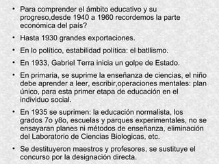 Para comprender el ámbito educativo y su progreso,desde 1940 a 1960 recordemos la parte económica del país? Hasta 1930 grandes exportaciones. En lo político, estabilidad política: el batllismo. En 1933, Gabriel Terra inicia un golpe de Estado. En primaria, se suprime la enseñanza de ciencias, el niño debe aprender a leer, escribir,operaciones mentales: plan único, para esta primer etapa de educación en el individuo social.  En 1935 se suprimen: la educación normalista, los grados 7o y8o, escuelas y parques experimentales, no se ensayaran planes ni métodos de enseñanza, eliminación del Laboratorio de Ciencias Biologicas, etc. Se destituyeron maestros y profesores, se sustituye el concurso por la designación directa. 