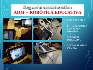 - EQUIPOS 2 EN 1
- KIT DE ROBÓTICA
CON PLACA
ARDUINO
- SOFTWARE
PROCESSING
- SOFTWARE MEDIA
CAMERA
 
