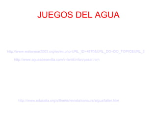 JUEGOS DEL AGUA http://www.educalia.org/s/8nens/revista/concurs/aigua/taller.htm http://www.wateryear2003.org/es/ev.php-URL_ID=4870&URL_DO=DO_TOPIC&URL_SECTION=201.html http://www.aguasdesevilla.com/infantil/infan/pasat.html 