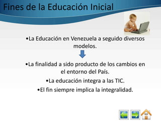 Fines de la Educación Inicial


     •La Educación en Venezuela a seguido diversos
                       modelos.

     •La finalidad a sido producto de los cambios en
                     el entorno del País.
              •La educación integra a las TIC.
          •El fin siempre implica la integralidad.
 