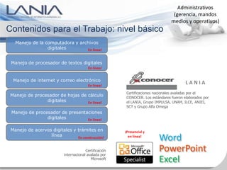 Administrativos
                                                                                  (gerencia, mandos
                                                                                 medios y operativos)
Contenidos para el Trabajo: nivel básico
   Manejo de la computadora y archivos
                 digitales       En línea!


 Manejo de procesador de textos digitales
                                         En línea!


  Manejo de internet y correo electrónico
                                         En línea!
                                                                                         LANIA
                                                         Certificaciones nacionales avaladas por el
 Manejo de procesador de hojas de cálculo                CONOCER. Los estándares fueron elaborados por
                digitales         En línea!              el LANIA, Grupo IMPULSA, UNAM, ILCE, ANIEI,
                                                         SCT y Grupo Alfa Omega
 Manejo de procesador de presentaciones
                digitales        En línea!

 Manejo de acervos digitales y trámites en              ¡Presencial y
                  línea        En construcción!           en línea!
                                                                          Word
                                        Certificación
                           internacional avalada por
                                                                          PowerPoint
                                           Microsoft
                                                                          Excel
 