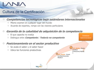 Cultura de la Certificación

  Competencias tecnológicas bajo estándares internacionales
     Mismo examen en cualquier lugar del mundo
     Acuerdo de expertos, rompe con las visiones particulares

  Garantía de la cabalidad de adquisición de la competencia
     El que capacita no evalúa                                                              Database
     Distingue entre Competente / Todavía no competente                                   Administration


  Posicionamiento en el sector productivo
     Se avala el saber y el saber hacer                                       OCP, MySQL - Oracle
     Ubica las funciones productivas                                          Certified
                                                                              Professional, MySQL
                                                                              5
                                                       OCA, MySQL - Oracle
                                                       Certified Associate,
                                                       MySQL 5
 