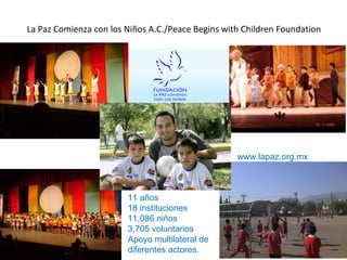 La Paz Comienza con los Niños A.C./Peace Begins with Children Foundation 11 años 18 instituciones 11,086 niños 3,705 volun...